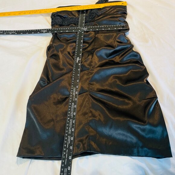 Elegant Black One-Shoulder Satin Dress With Beaded Floral Strap Detail Ruched Bo - Picture 9 of 14